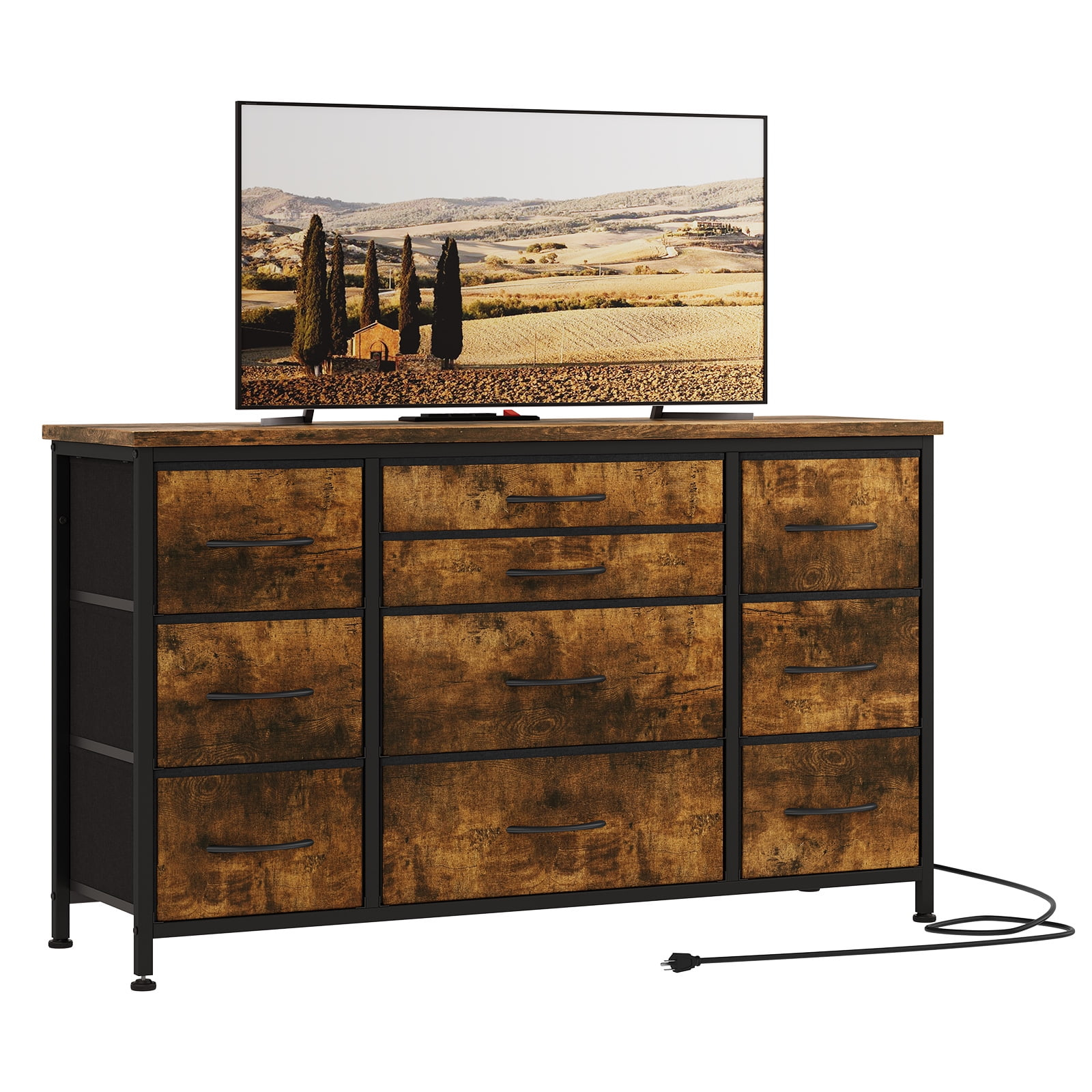 Dresser TV Stand with Power Outlet,Chest of Drawers for Bedroom with 10 Large Drawers,Wide Dresser for Bedroom with Solid Frame and Wooden Top,for Bedroom,Wardrobe,Hallway