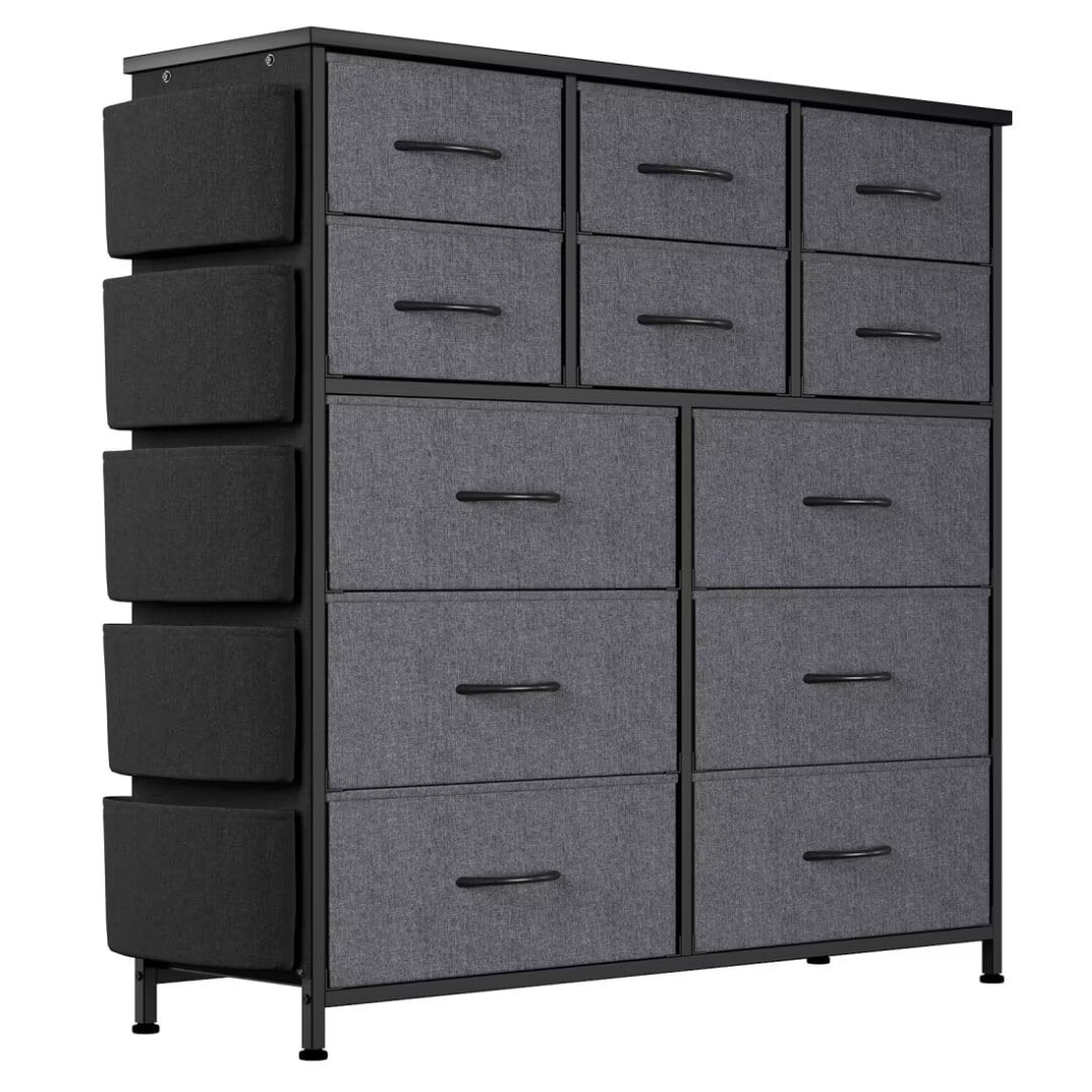 NEILA 12-Drawer Dresser for Bedroom Chest of Drawers Metal Frame, Wood Top & Fabric Drawer Storage Organizer with Hooks, Sturdy and Durable, for Closet, Hallway, Entryway, Living Room, Grey