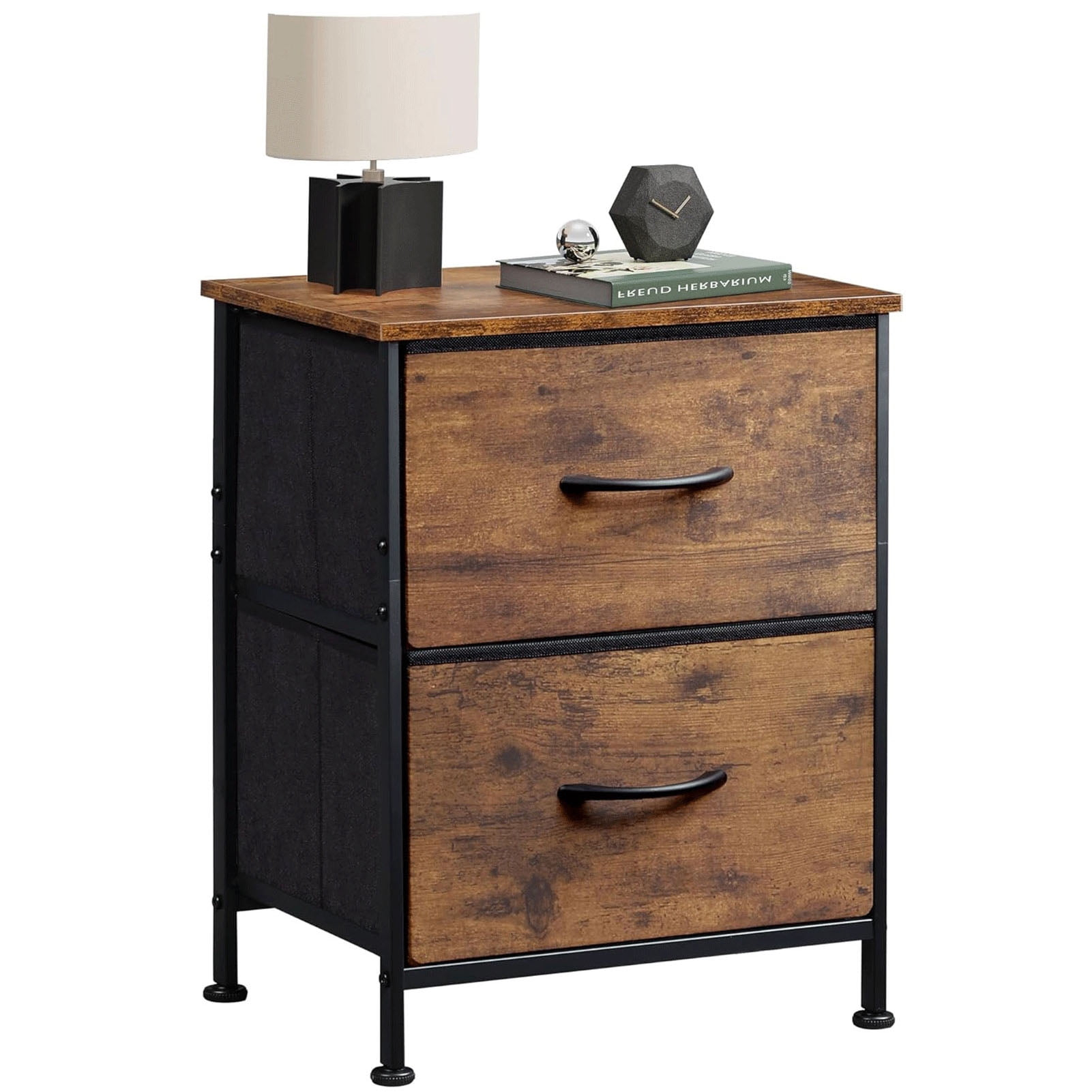 Dresser with 2 Drawers, Fabric Nightstand, Tall Dresser for Bedroom, Storage Chest of Drawers with Wood Top, Bedside Table, Rustic Brown