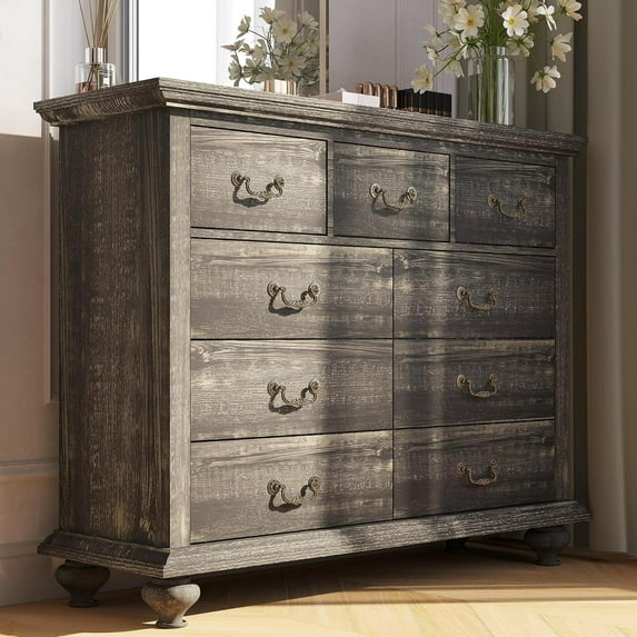 Black Rustic Wood 9-Drawer Dresser with Carved Handles