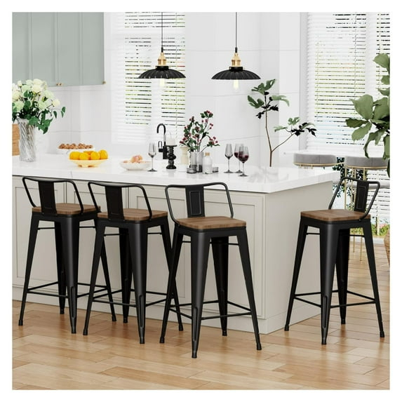 Andeworld bar stools with backs set of 4 Counter Bar Stools with Wood metal stools Black. 24 inch Short