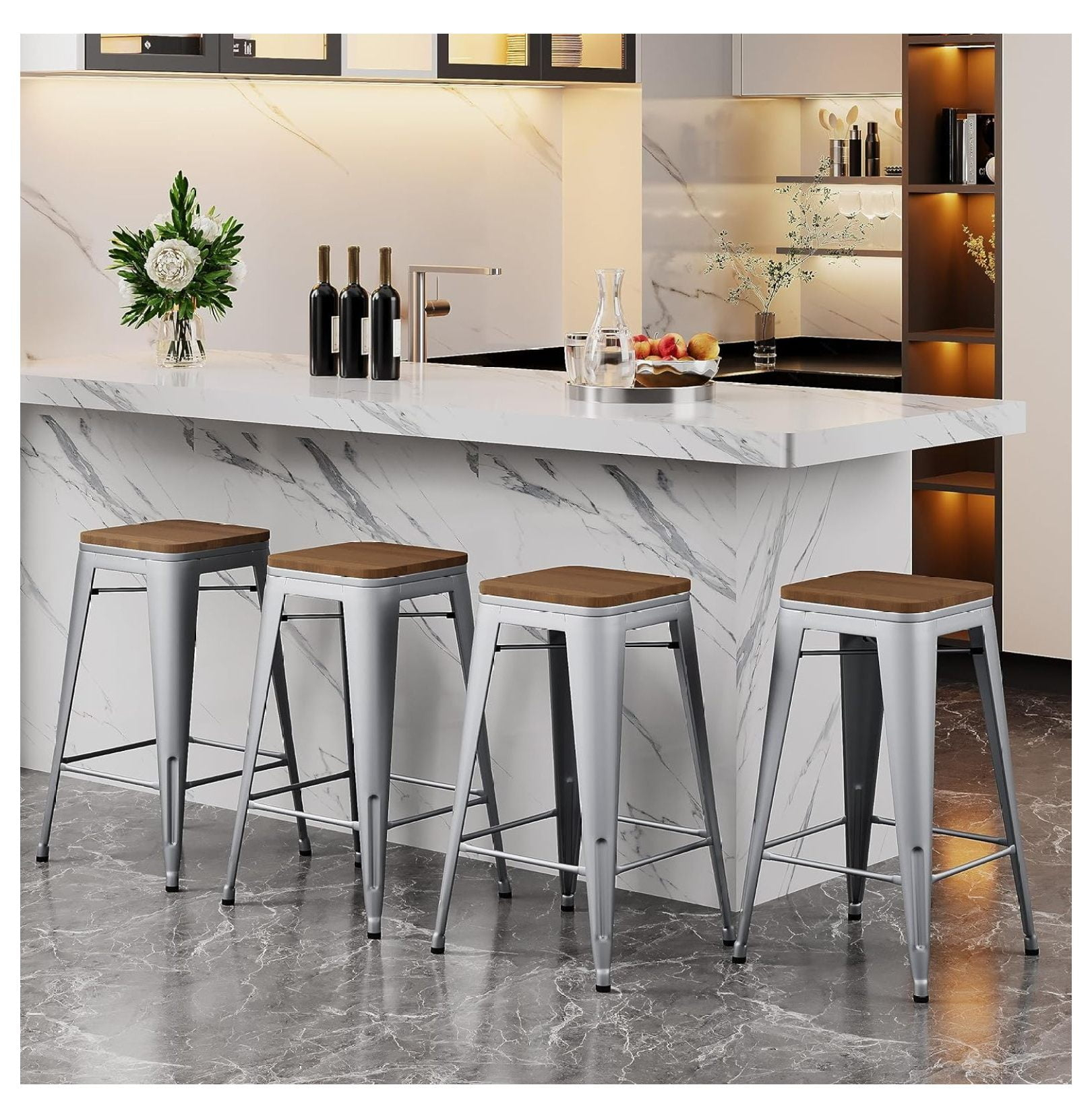 Drevy 26" Metal Counter Height Bar Stools Set of 4 Industrial Backless Kitchen Patio Counter Stool Stackable Barstools Wood Top-Silver