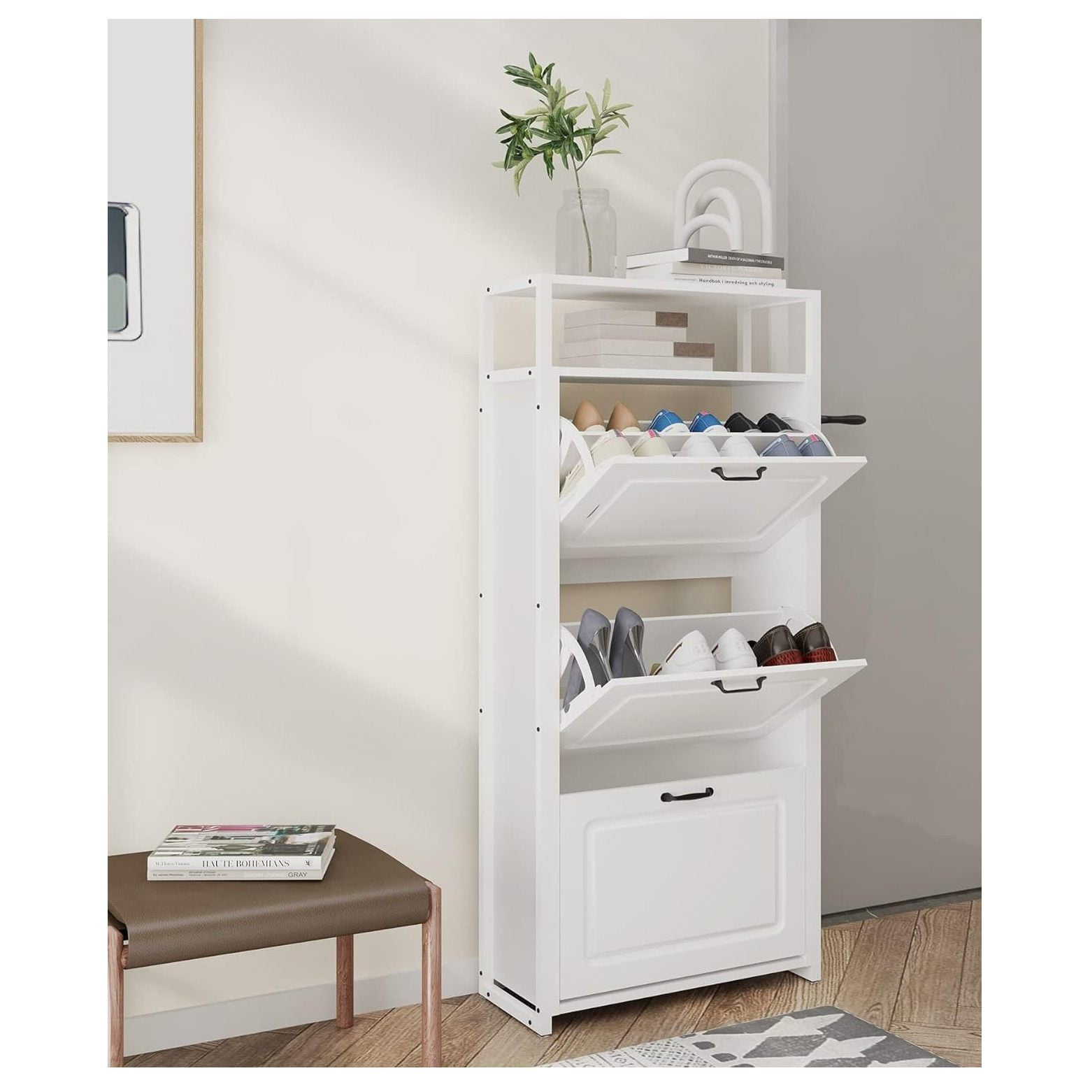Drevy 3 Drawer Industrial Shoe Cabinet, Slim Freestanding Wood Shoe Rack Storage Organizer Stand with Doors, Metal Frame Open Storage Shelf, Anti Toppling for 15-18 Pairs White