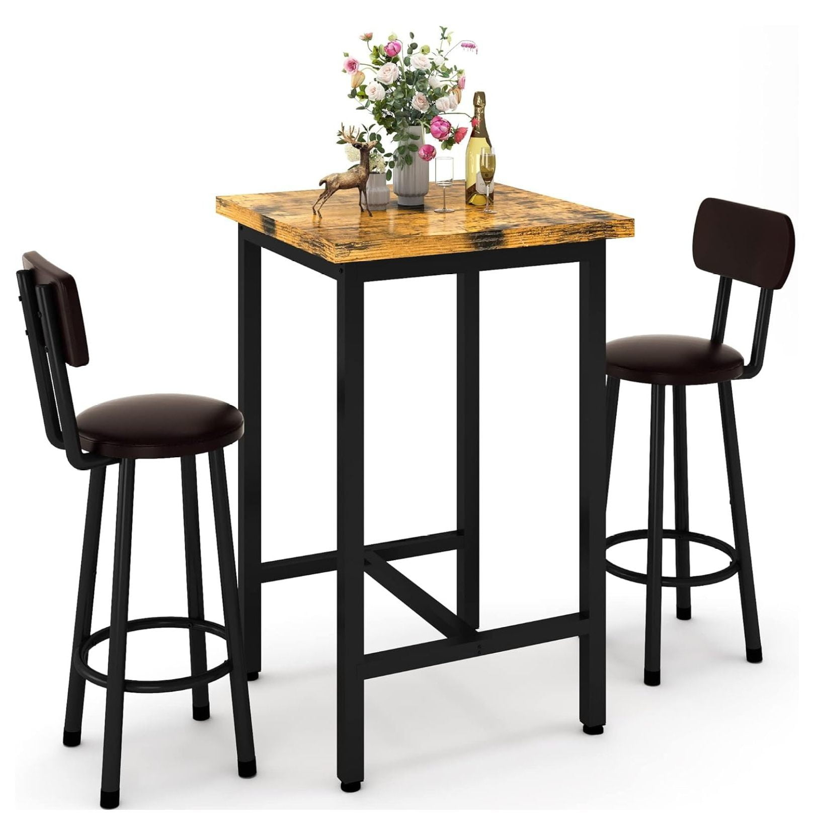 TiaGOC 3 Piece Pub Dining Set, Modern bar Table and Stools for 2 Kitchen Counter Height Wood Top Bistro Easy Assemble for Breakfast Nook Living Room Small Space Restaurant, Rustic Brown 24”
