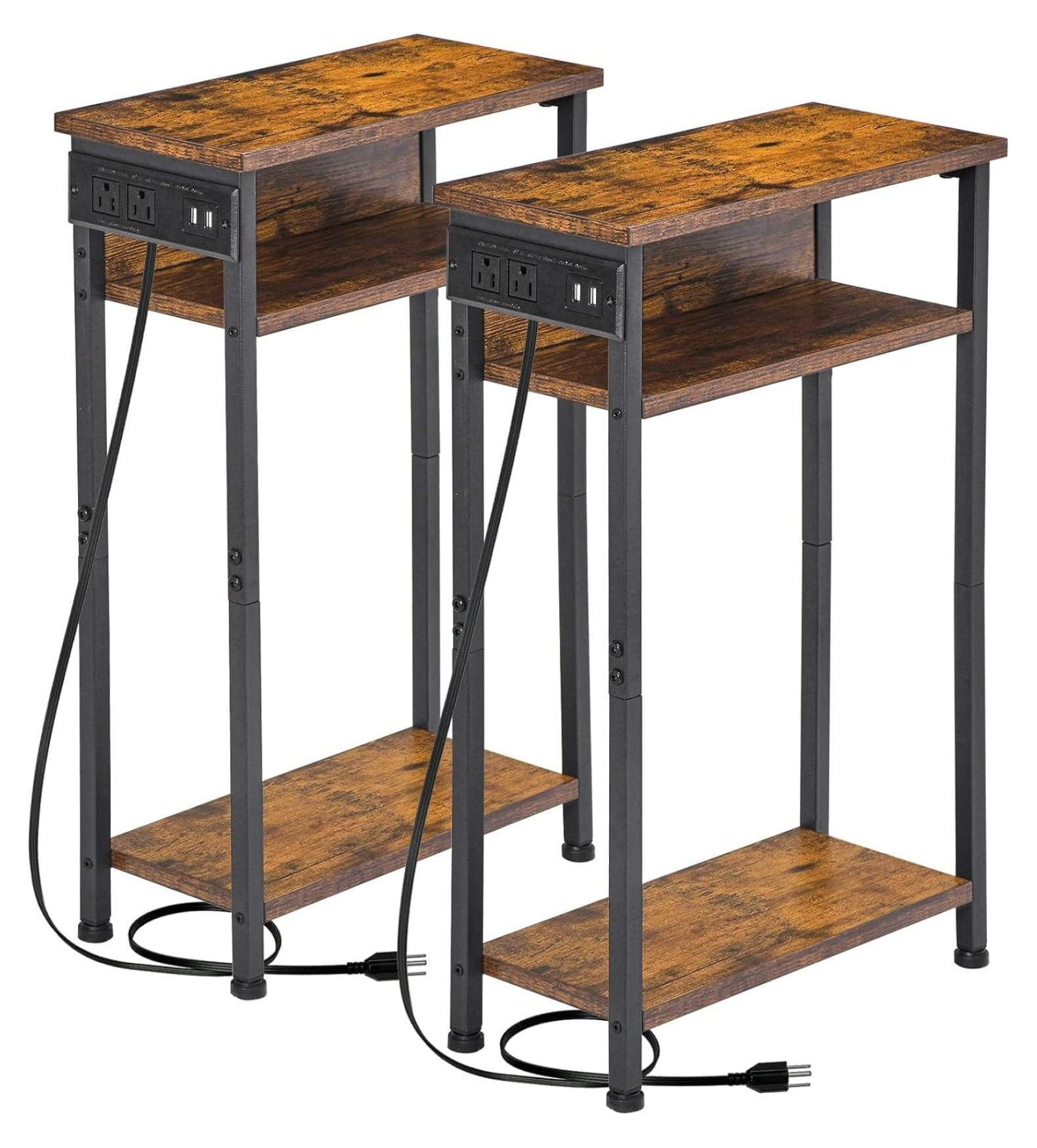 End Tables Set of 2 with Charging Station USB Ports, 3 Tier Tall Night Stand with Storage Shelves, Record Player Stand Narrow Side Table for Small Space Living Room Bedroom Office, Rustic Brown