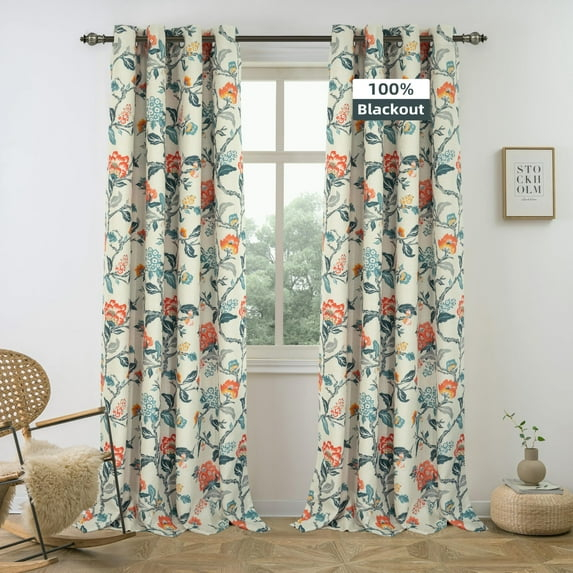 DriftAway Ada Floral Lined Thermal Insulated Room Darkening Blackout Grommet Window Curtains, 2 Panels, 52" x 72", Ivory Orange Teal