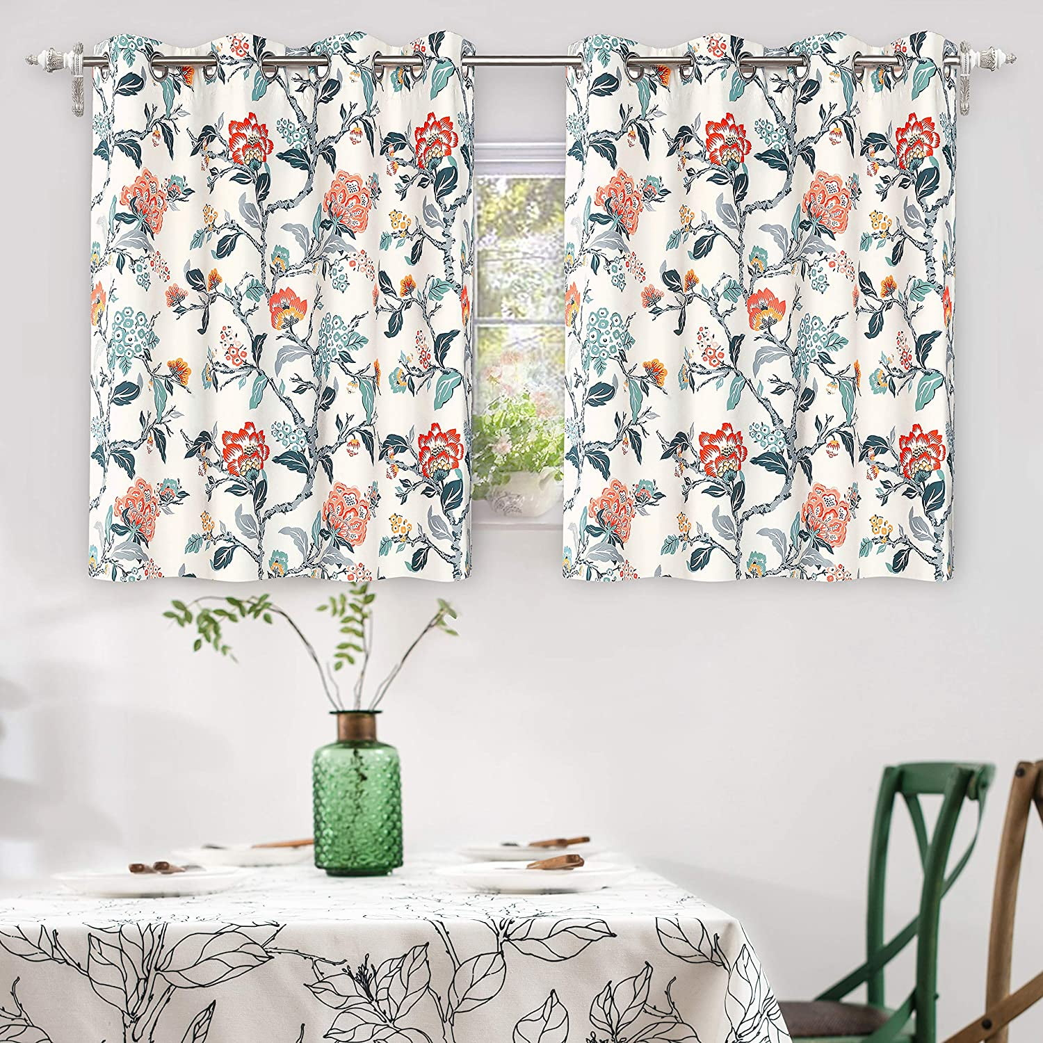 DriftAway Ada Floral Lined Thermal Insulated Room Darkening Blackout Grommet Window Curtains, 2 Panels, 52" x 36", Ivory Orange Teal