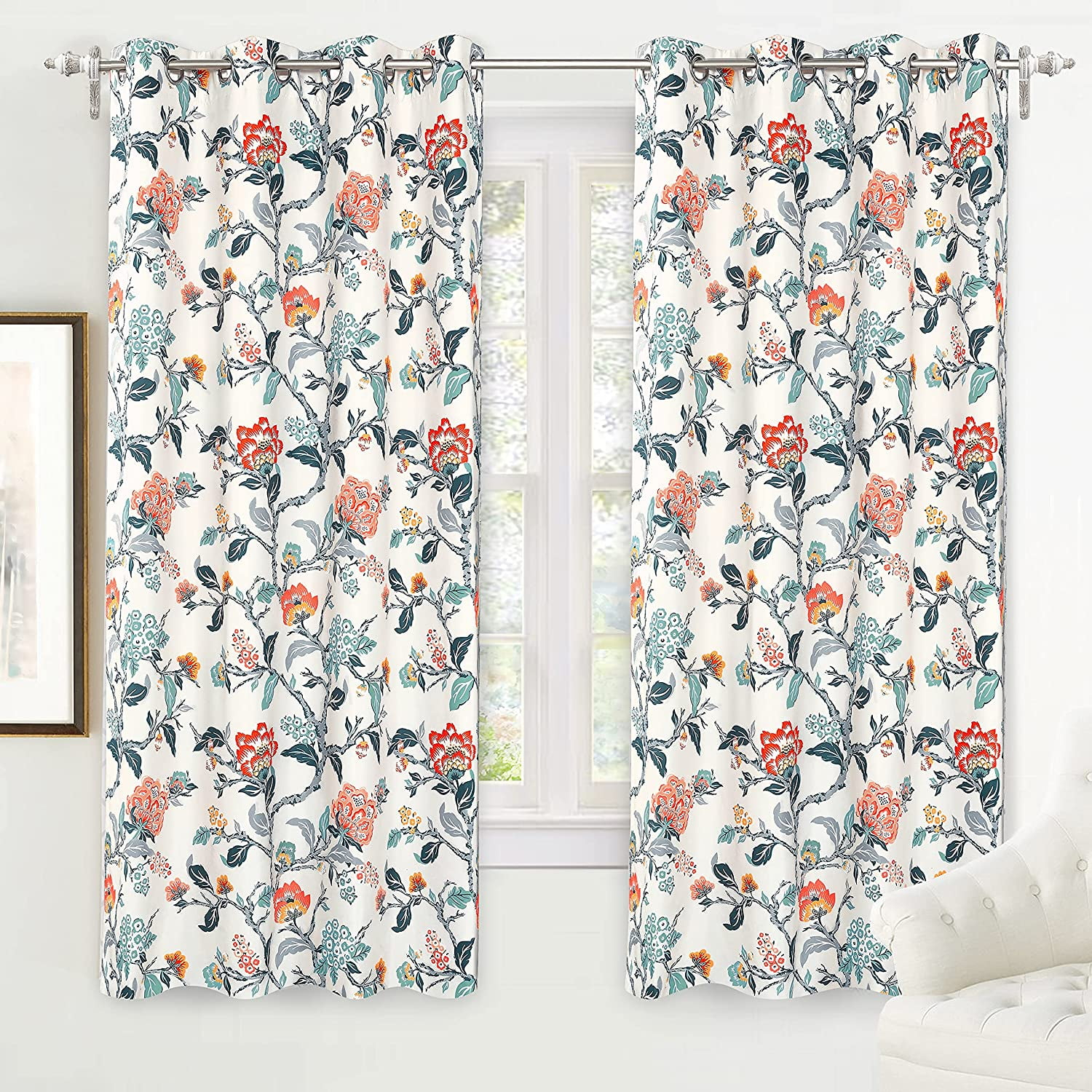 DriftAway Ada Floral Lined Thermal Insulated Room Darkening Blackout Grommet Window Curtains, 2 Panels, 52" x 72", Ivory Orange Teal