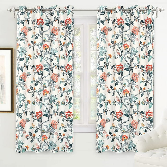 DriftAway Ada Floral Lined Thermal Insulated Room Darkening Blackout Grommet Window Curtains, 2 Panels, 52" x 72", Ivory Orange Teal