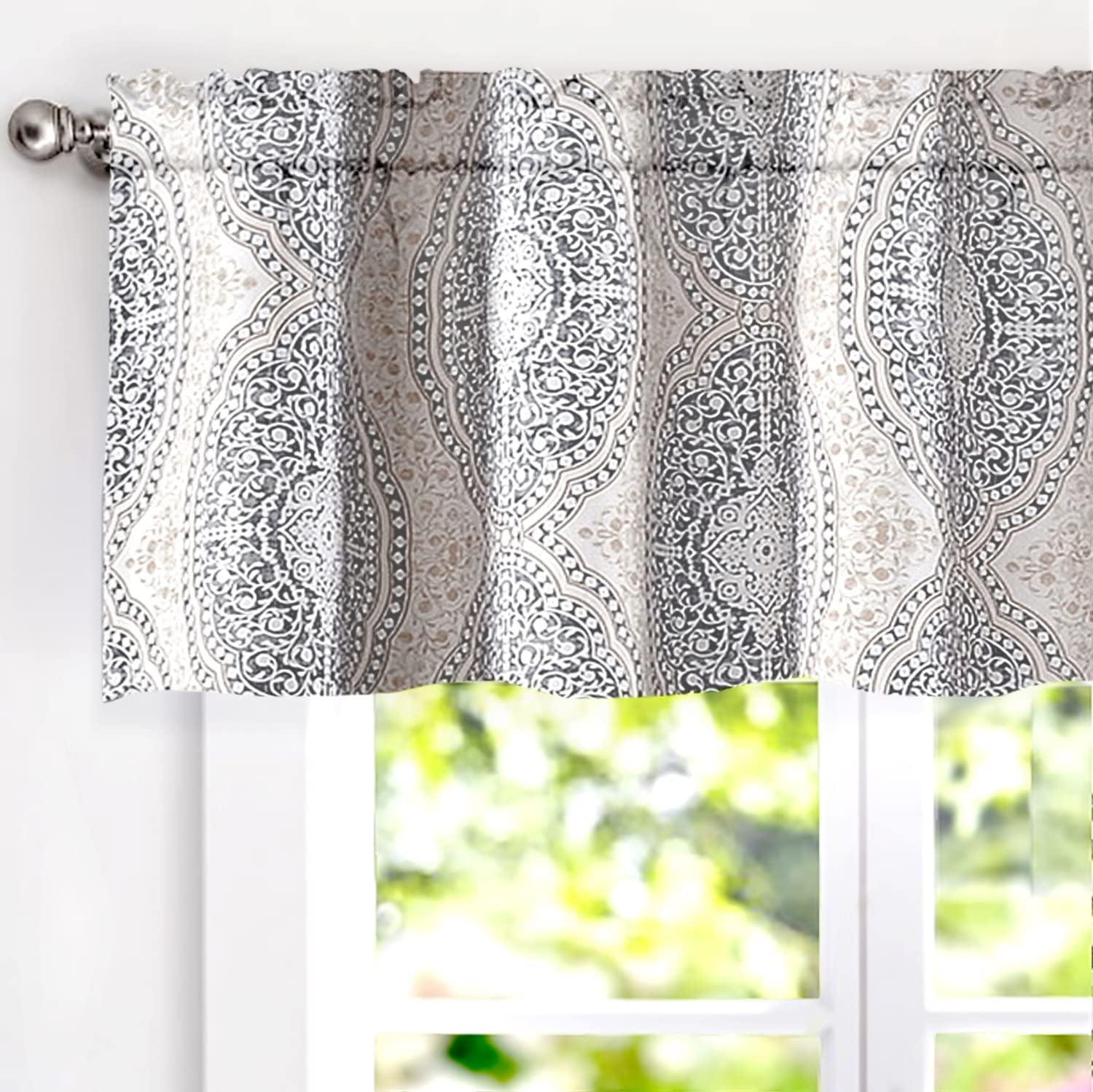 DriftAway Adrianne Damask/Floral Pattern Window Curtain valance 52”x18”, Beige/Gray