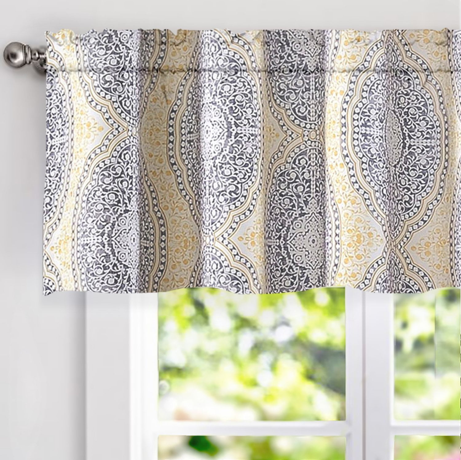 DriftAway Adrianne Damask/Floral Pattern Window Curtain valance 52”x18”, Yellow/Gray