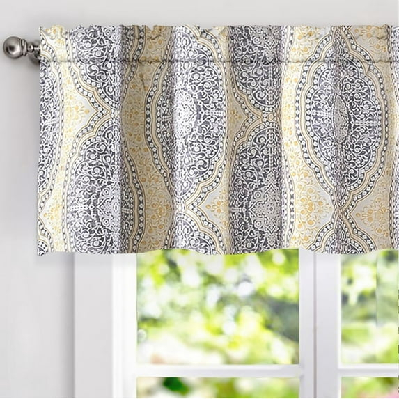 DriftAway Adrianne Damask/Floral Pattern Window Curtain valance 52”x18”, Yellow/Gray