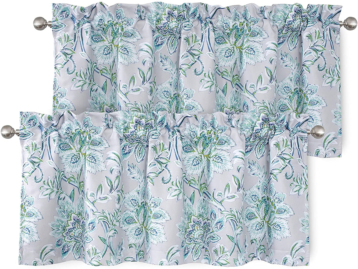 DriftAway Alyssa Jacobean Elegant Floral Leaves Pattern Thermal Insulated Blackout Lined Rod Pocket Window Curtain Valance for Kitchen Café, 52" x 18" Plus 2" Header, Gray, 2 Pack
