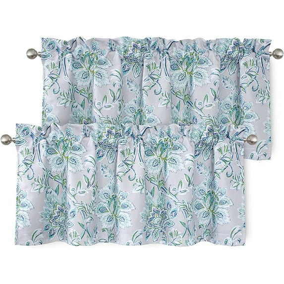 DriftAway Alyssa Jacobean Elegant Floral Leaves Pattern Thermal Insulated Blackout Lined Rod Pocket Window Curtain Valance for Kitchen Café, 52" x 18" Plus 2" Header, Gray, 2 Pack