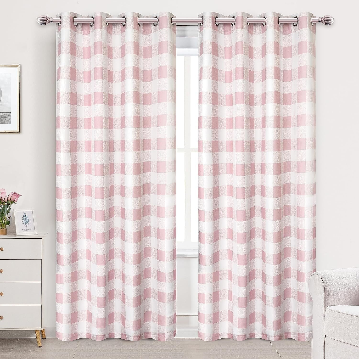 DriftAway Buffalo Checker Pattern Grommet Room Darkening Window Curtains Printed Plaid, 2 Panels, 52" x 84", Pink