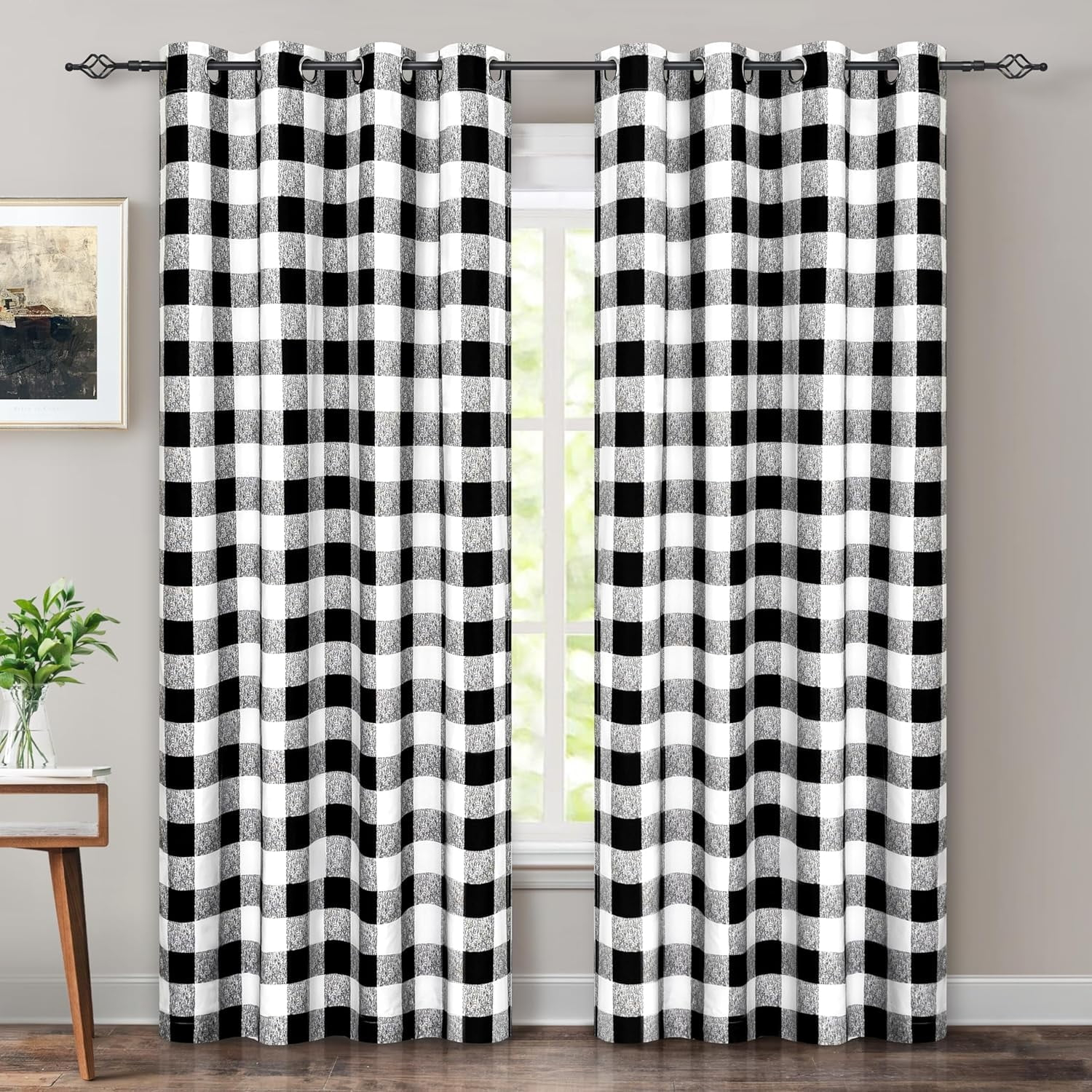 Buffalo Plaid Check Curtains Blackout Room Darkening Thermal Insulated Black and White Buffalo Checkered Window Drapes for Farmhouse Bedroom Living Room Grommet Curtain 2 Panels 84 Inch Long