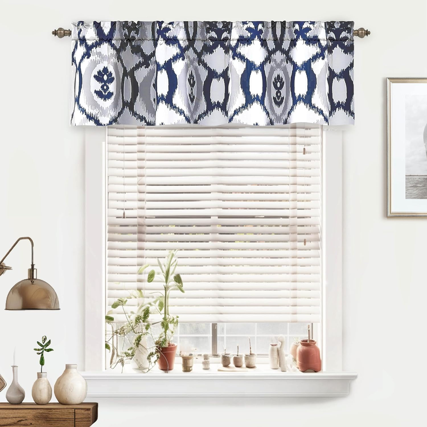 DriftAway Evelyn Ikat Fleur Floral Pattern Window Curtain Valance 14"L x 52"W Navy Blue