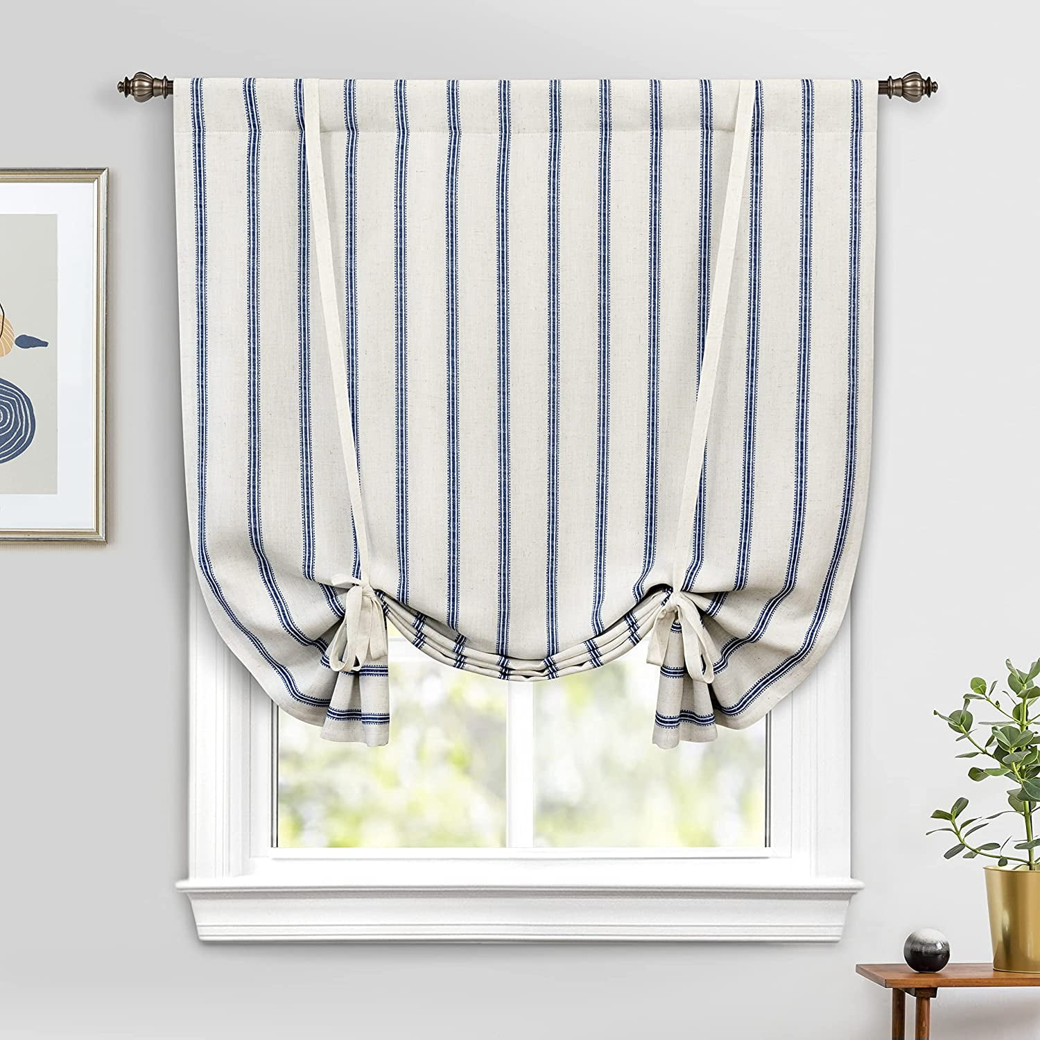DriftAway Farmhouse Double Layer Linen Blackout Tie Up Curtains Thermal Insulated Vertical Striped Fully Lined Balloon Roman Shade Bathroom Window Adjustable Rod Pocket 25 Inch by 47 Inch Navy