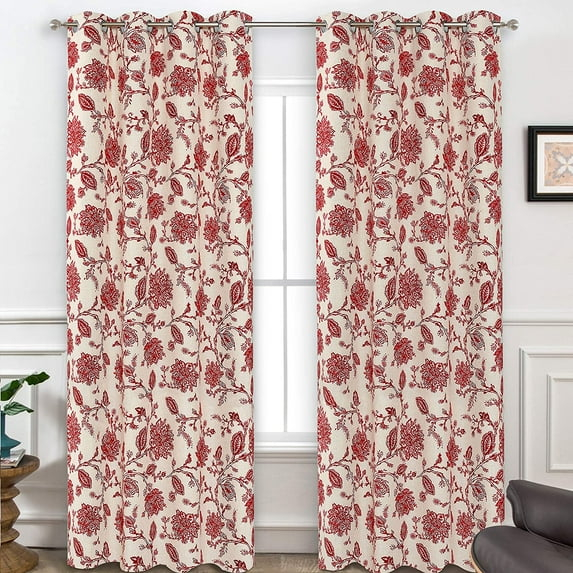 DriftAway Floral Linen Blend Lined Thermal Insulated Room Darkening Blackout Grommet Window Curtains 2 Panels 96"L x 52"W Red Beige