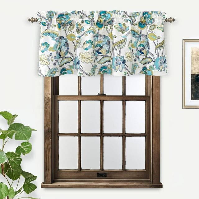 DriftAway Layla Classic America Style Floral Leaves Room Darkening Window Curtain Valance Rod Pocket Single 52 Inch by 18 Inch Plus 2 Inch Header Teal Gray