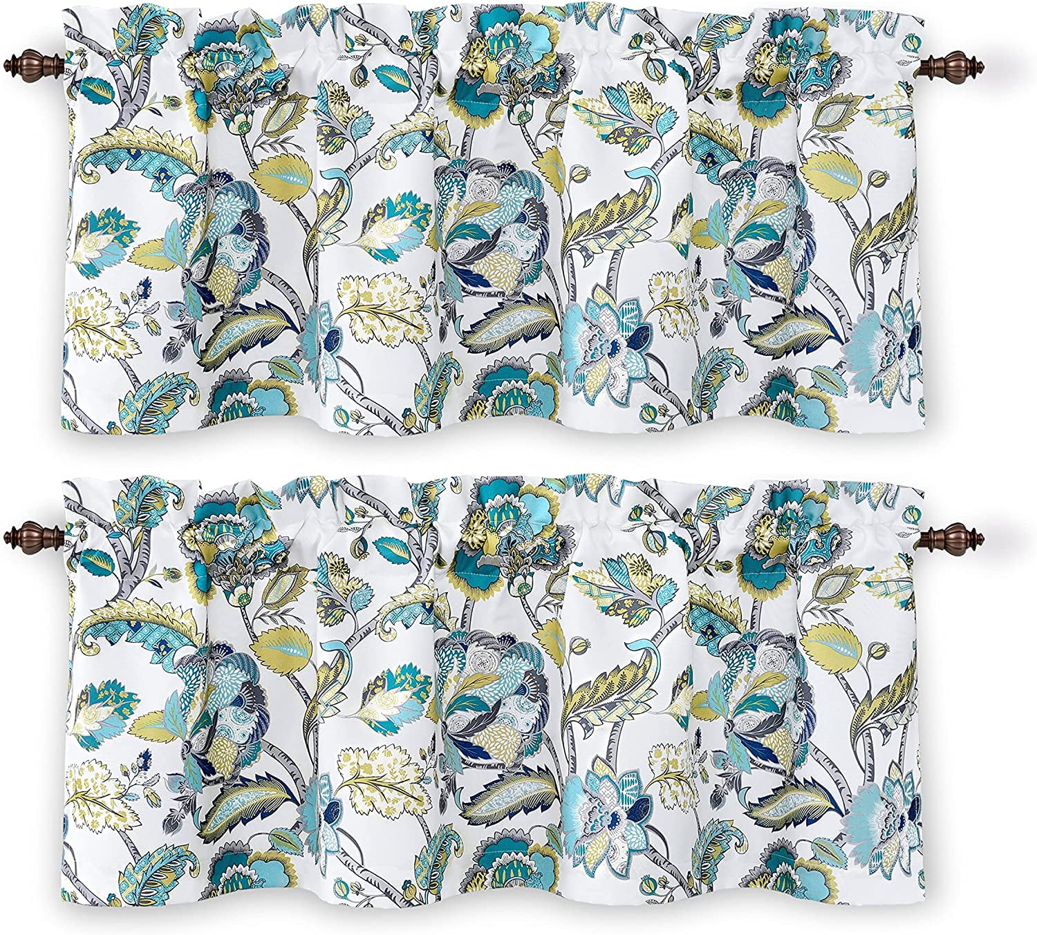 DriftAway Layla Room Darkening Valance for Kitchen Classic America Style Floral Leaves 18 Inch Length Valance for Living Room Bedroom Rod Pocket Window Treatment 52x18 White Seafoam Gray 2 Pack