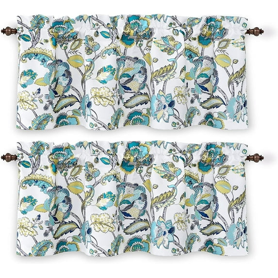 DriftAway Layla Room Darkening Valance for Kitchen Classic America Style Floral Leaves 18 Inch Length Valance for Living Room Bedroom Rod Pocket Window Treatment 52x18 White Seafoam Gray 2 Pack