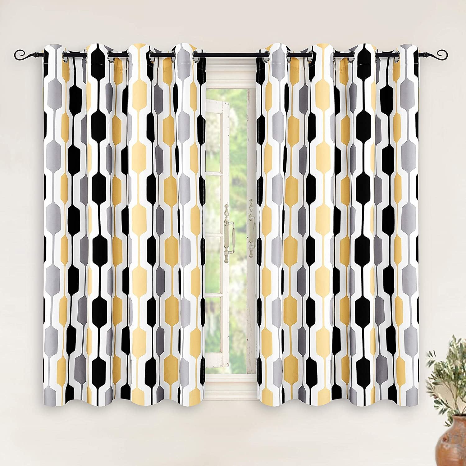 DriftAway Riley Geo Room Darkening Blackout Thermal Insulated Grommet Lined Window Curtains Mid Century Geometric Pattern 2 Layers 2 Panels Each 52 Inch by 54 Inch Gold Black Gray