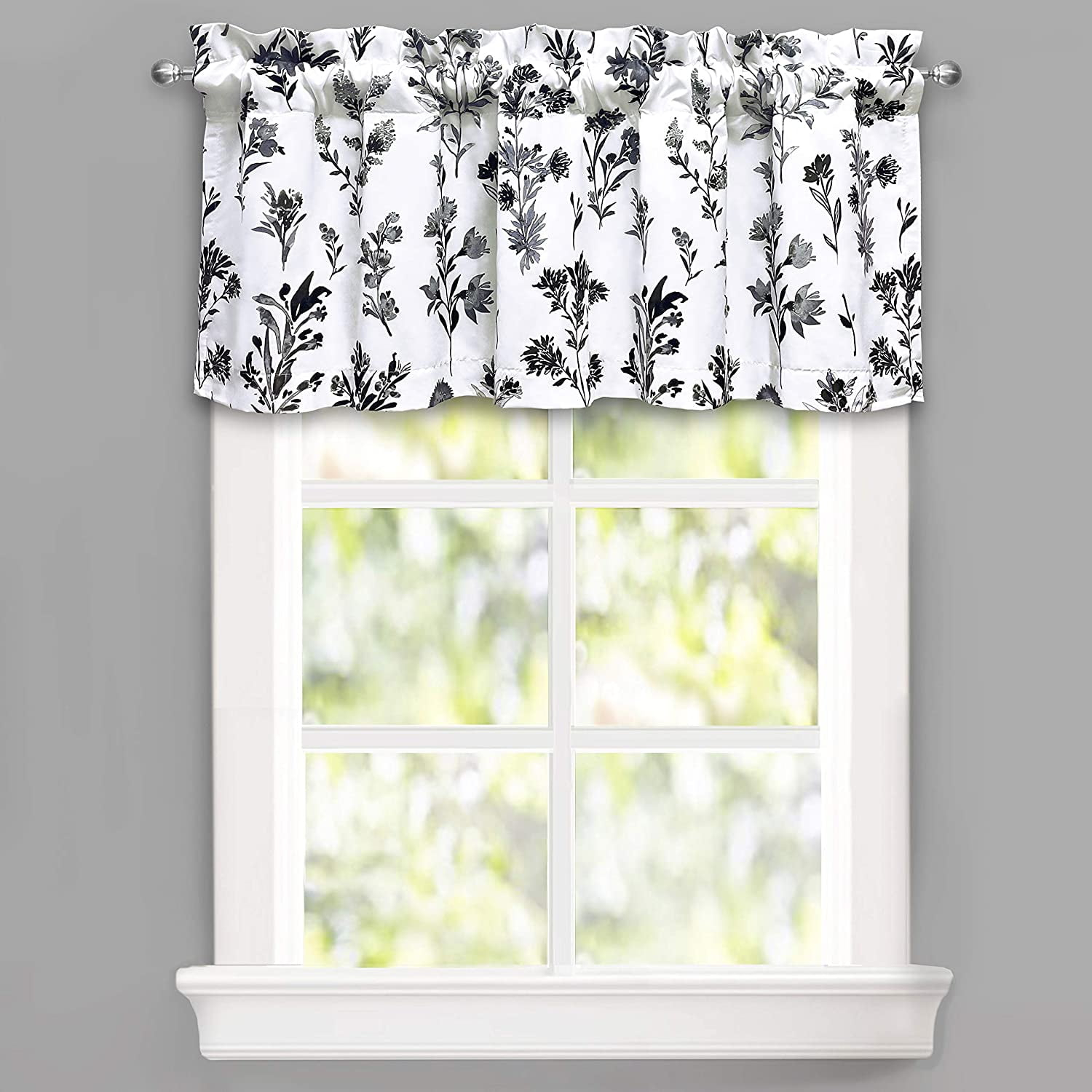 DriftAway Sylvia Floral Botanical Herbs Watercolor Printed Pattern Lined Blackout Thermal Insulated Window Curtain Valance Rod Pocket Single 52" x 18" Plus 2" Header Black White