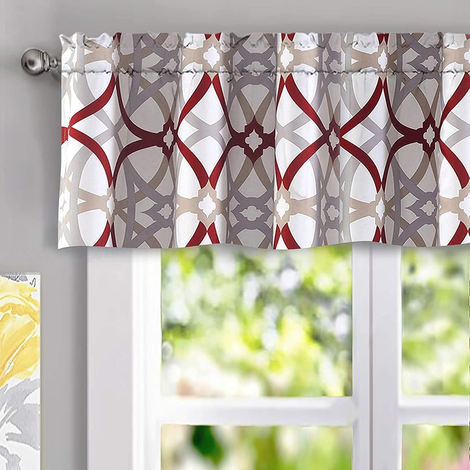 DriftAway Alexander Spiral Geo Trellis Pattern Window Curtain Valance Rod Pocket 52 Inch by 14 Inch Plus 2 Inch Header Red and Gray 1 Pack