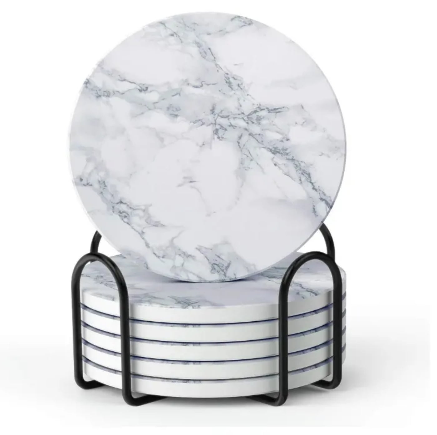 White Marble Style Ceramic Drink Coasters with Holder, Set of 6