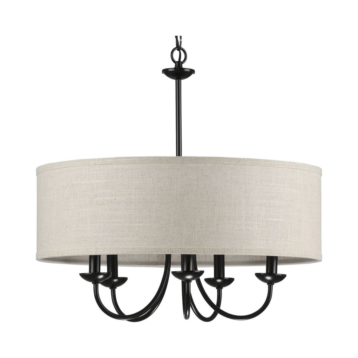 Progress Lighting, Drum Shade Collection, 5-Light Pendant, Black Finish, Harvest Linen Shade