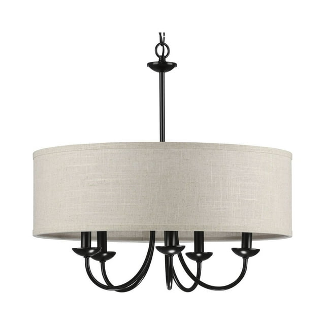 Progress Lighting, Drum Shade Collection, 5-Light Pendant, Black Finish, Harvest Linen Shade