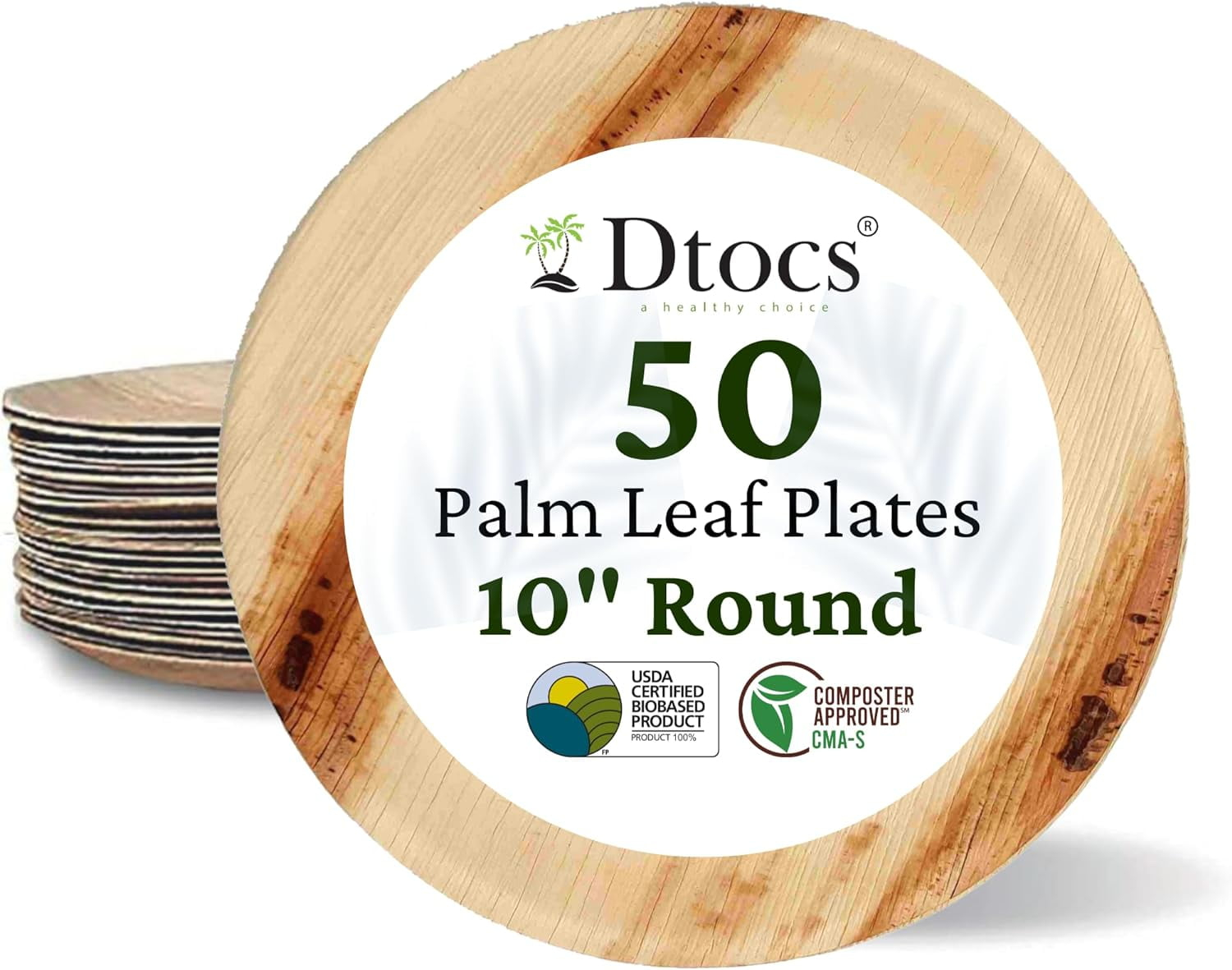 Dtocs Palm Leaf Plates 10 Inch Round (50) | Bamboo Plates Look Compostable Plates | Sturdy Disposable Dinner Plates Sub Plastic, Paper Plates