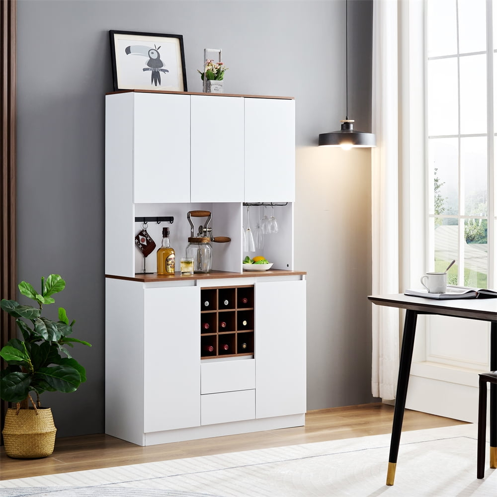 White Particle Board Coffee Bar Wine Cabinet with Storage and Power Outlets