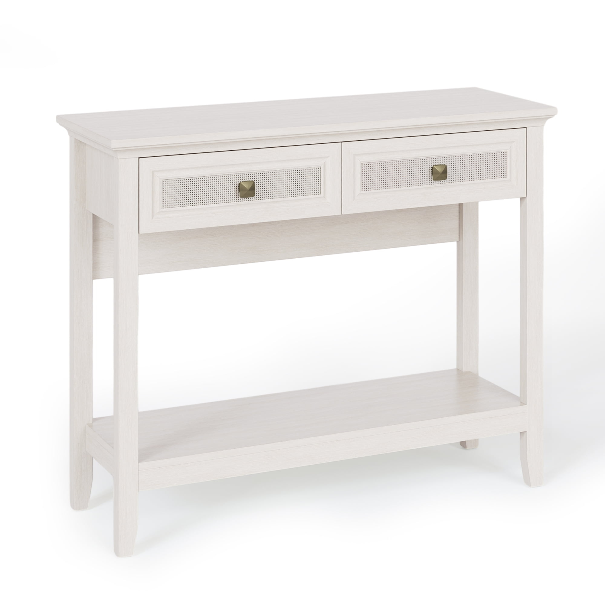 White Wood Console Table with Rattan Drawers and Bottom Shelf