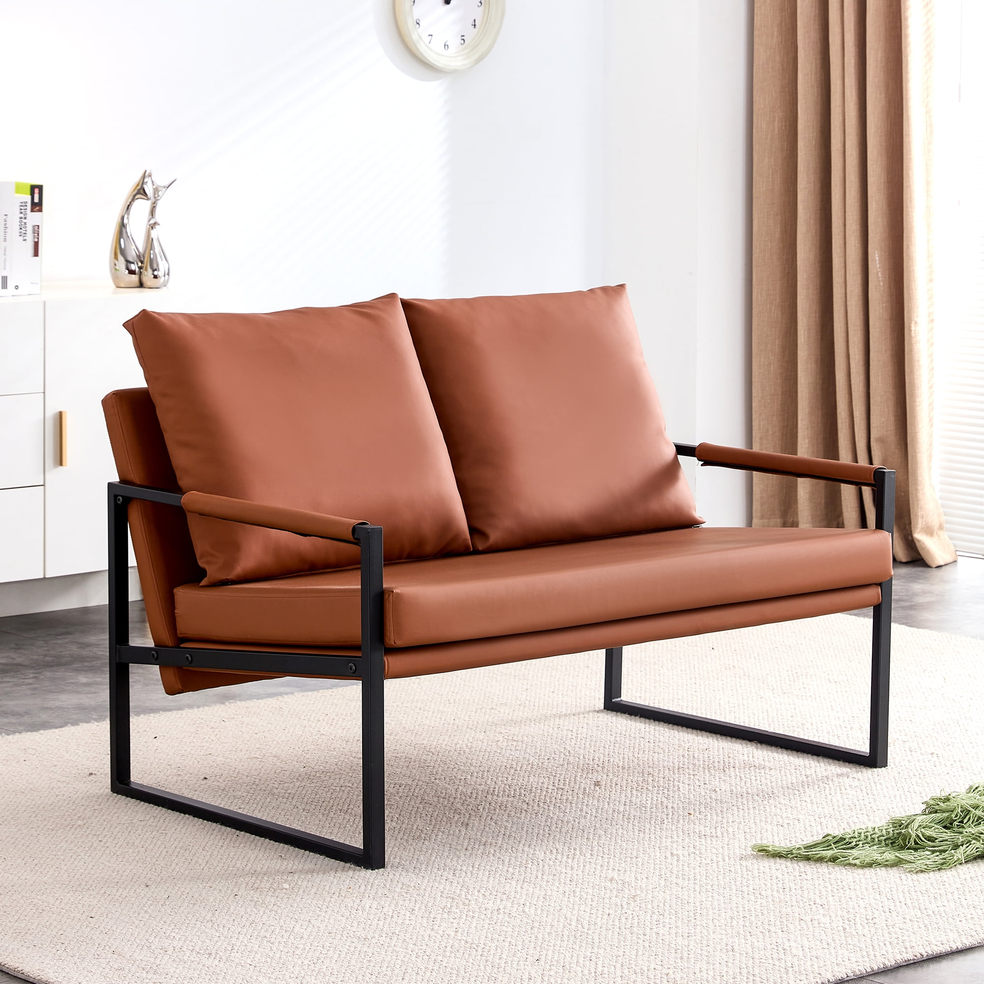 Dtwnek Modern PU Leather High-Density Foam 2 Seater Sofa Chair with 2 Pillows and Black Coated Metal Frame, Brown