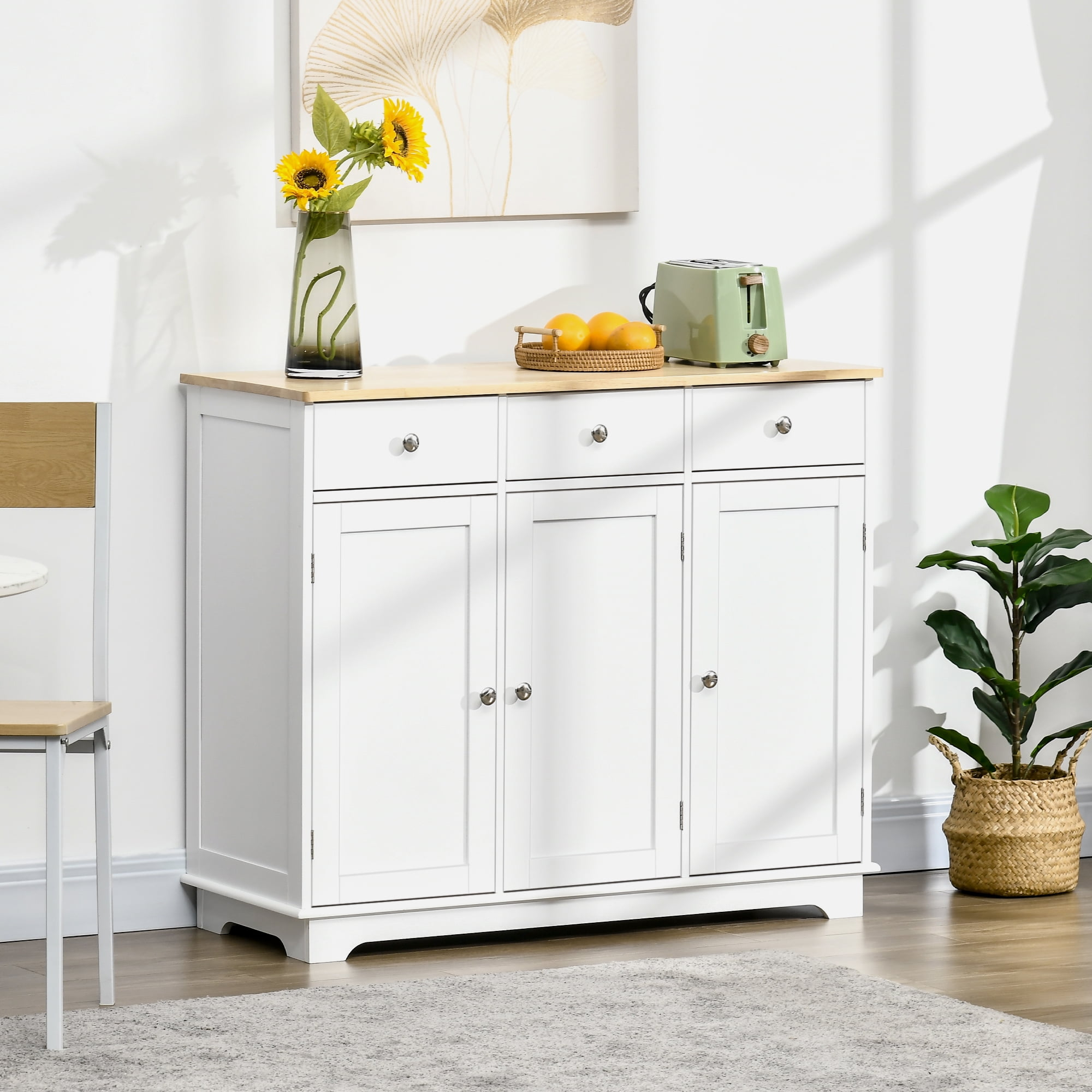 Dtwnek Solid Wood Countertop Sideboard with 3 Drawers and Shelf, 3 Doors Kitchen Storage Cabinet Coffee Bar Cabinet for Kitchen, Dining Room, White
