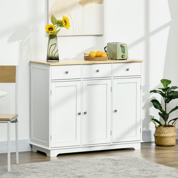 Dtwnek Solid Wood Countertop Sideboard with 3 Drawers and Shelf, 3 Doors Kitchen Storage Cabinet Coffee Bar Cabinet for Kitchen, Dining Room, White