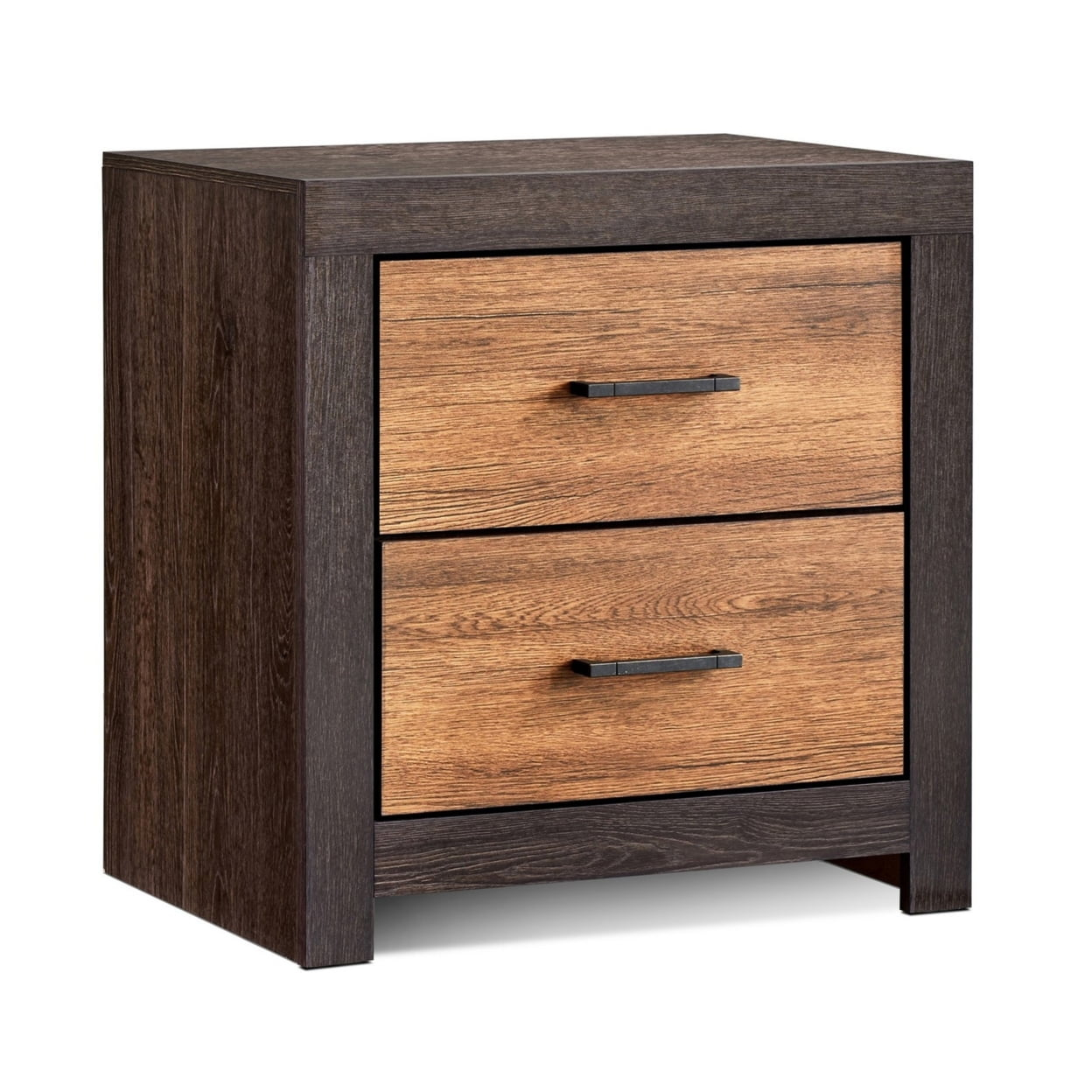 Benjara Dual Tone 2 Drawer Nightstand with Metal Bar Pulls, Brown