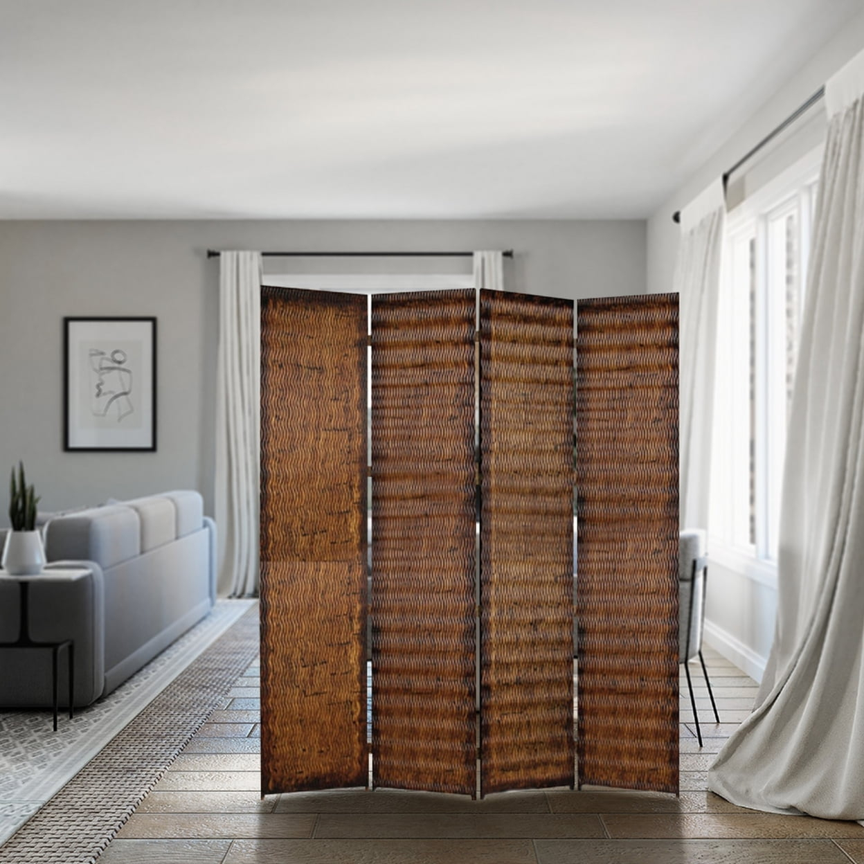 Dual Tone 4 Panel Wooden Foldable Room Divider with Wavy Design, Brown- Saltoro Sherpi