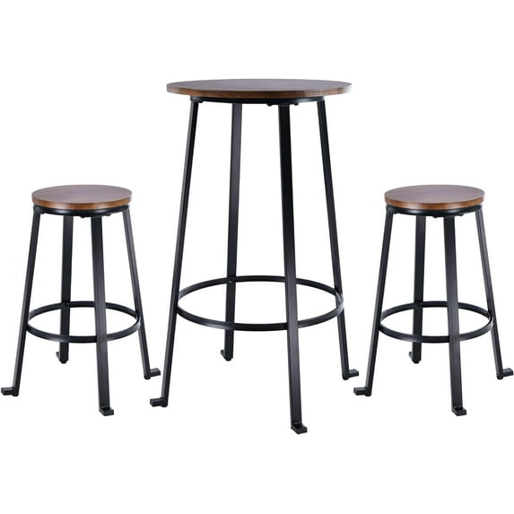 ZENSTYLE 3 Piece Pub Dining Table Set Wooden Round Breakfast Tables w/2 Bar Chairs Stools Brown