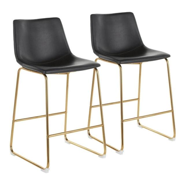 Duke Contemporary Counter Stool In Gold Metal And Black Faux Leather - Set Of 2
