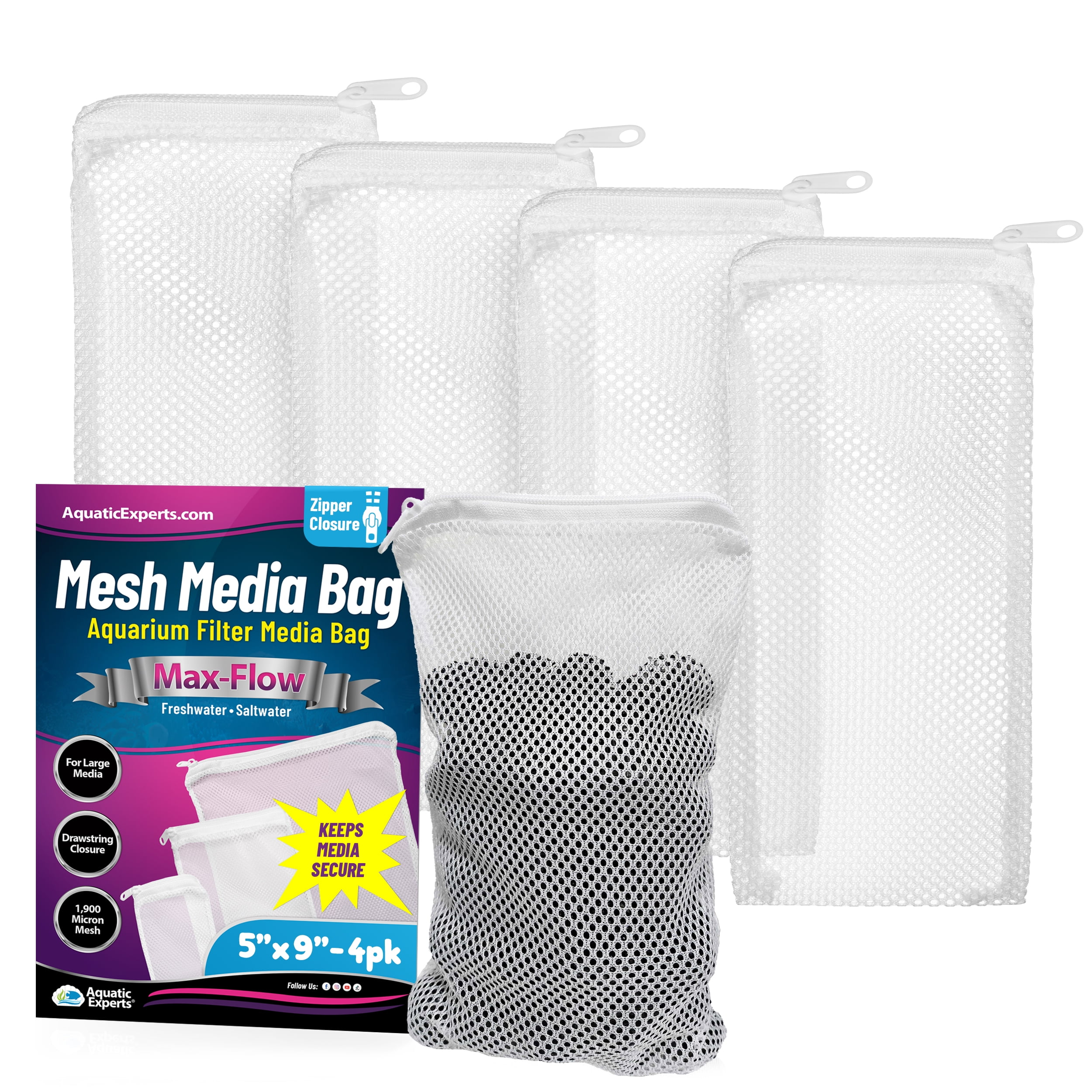 Aquatic Experts - Durable MaxFlow Mesh Media Filter Bags with Zipper for Large Filter Media 4 Pack, 4 pack, 5" x 9"