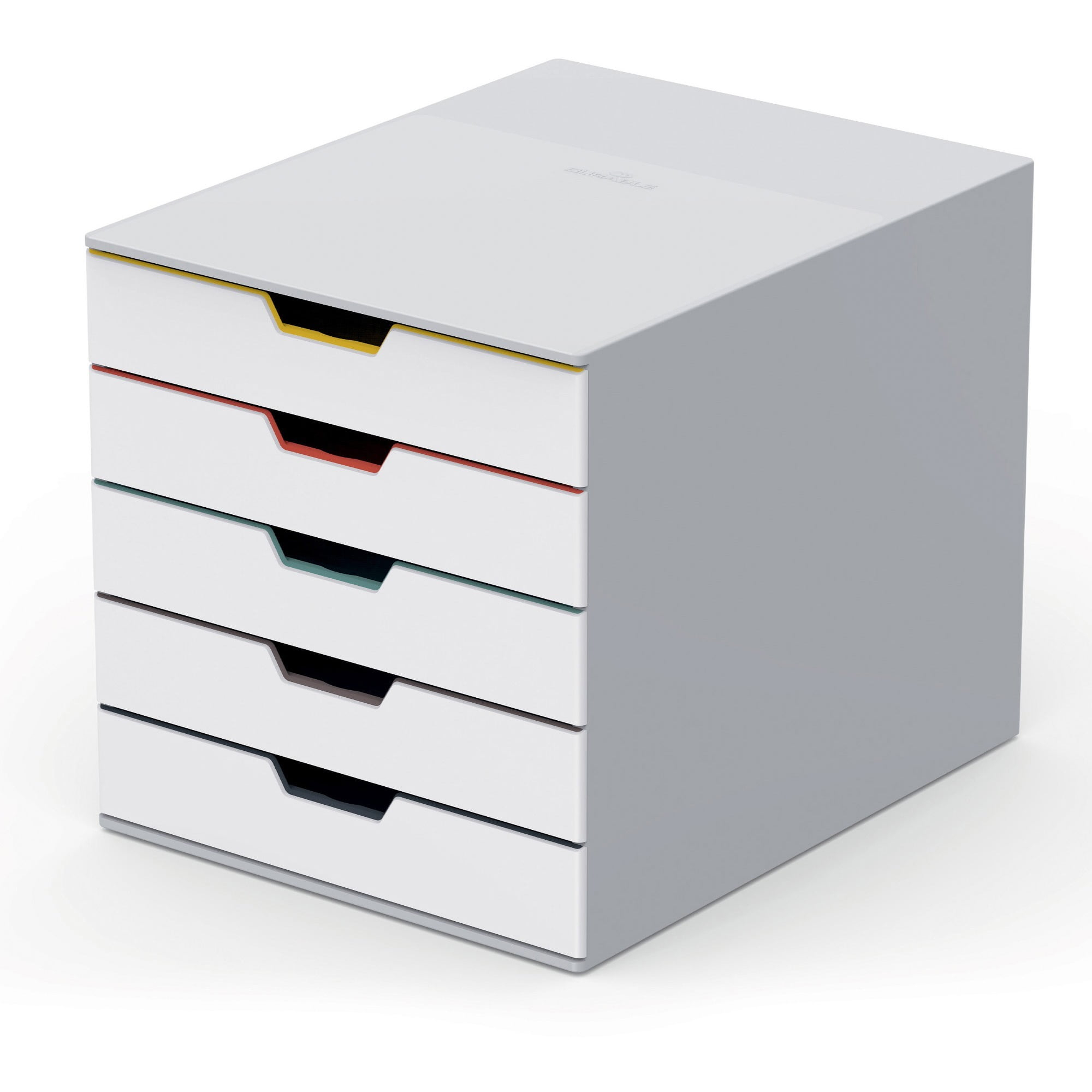 DURABLE Desktop Drawer Organizer (VARICOLOR MIX 5 Compartments with Removable Labels) 11" w x 14" d x 11.375" h, White & Multicolored (762527)