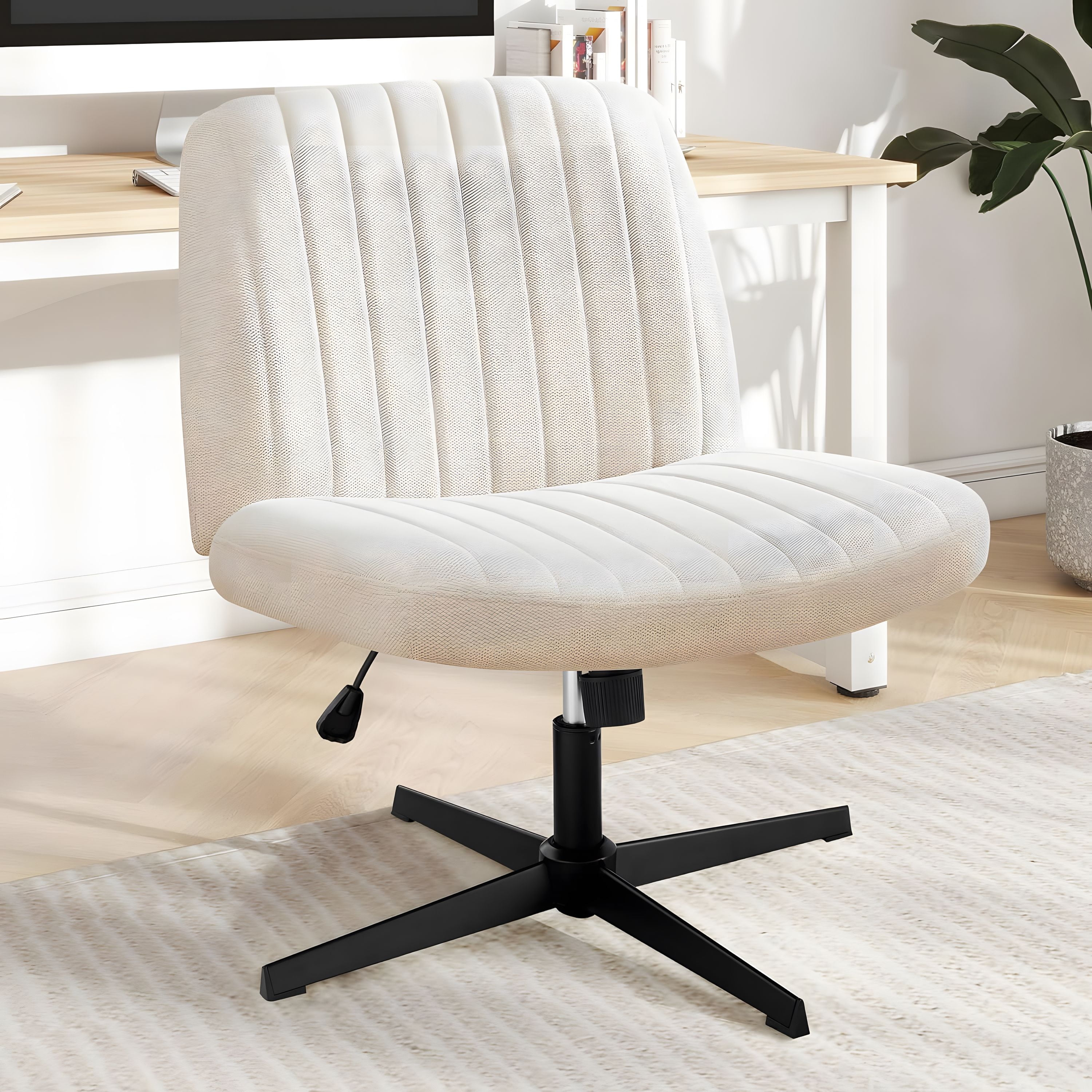 Criss Cross Chair, Cross Legged Office Chair, Wide Comfort Desk Chair, No Wheels Armless Computer Task Chair, Swivel Leather Vanity Home Chair, Height Adjustable