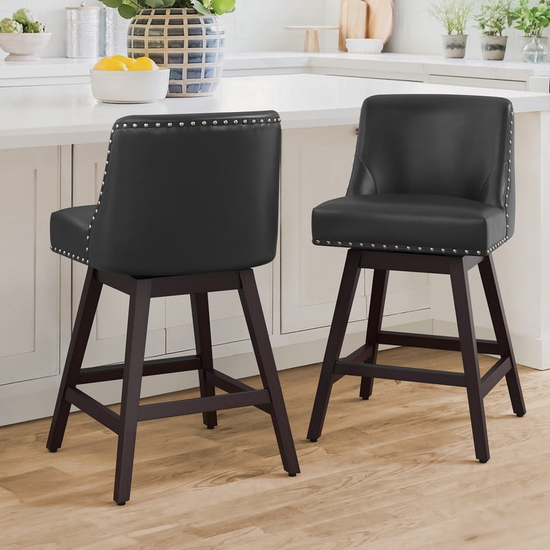 Dycanpo 26''H Swivel Bar Stools with Back Sets of 2 Faux Leather for Home Kitchen Island, Black