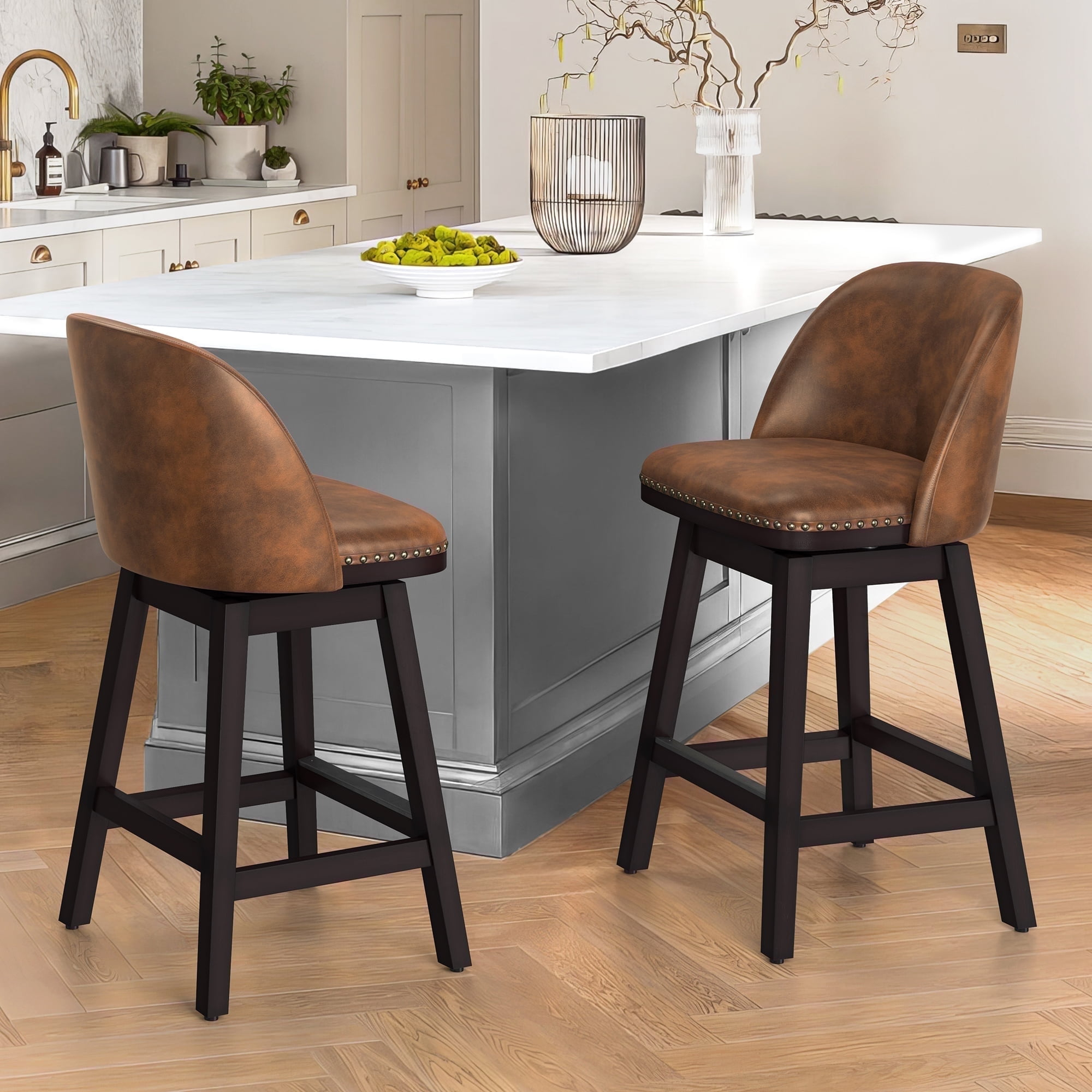 LUE BONA 26'' Swivel Bar Stools Set of 2, Counter Stools with Back & Footrest for Kitchen,Brown