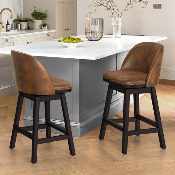 LUE BONA 26'' Swivel Bar Stools Set of 2, Counter Stools with Back & Footrest for Kitchen,Brown