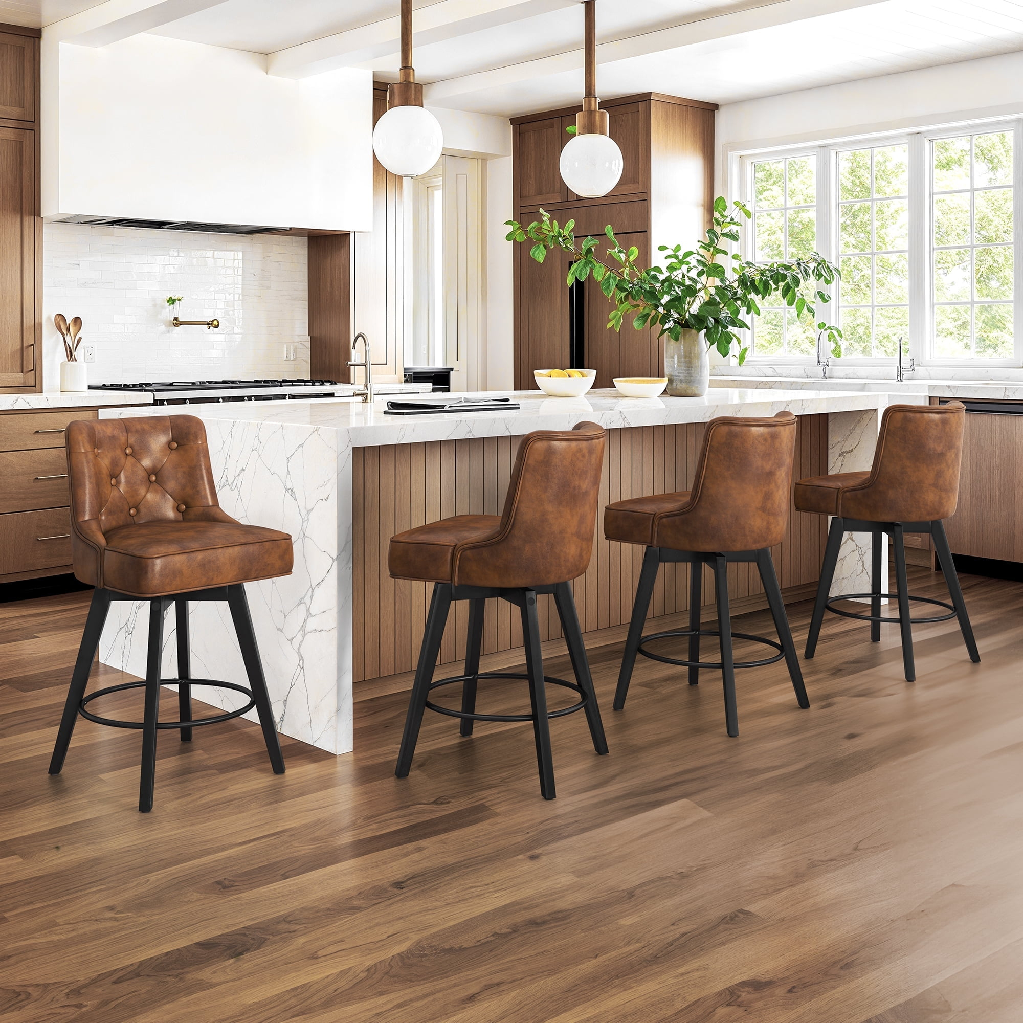 Dycanpo 26" Tall Counter Height Bar Stools Set of 4 with Back Faux Leather for Home Kitchen, Brown