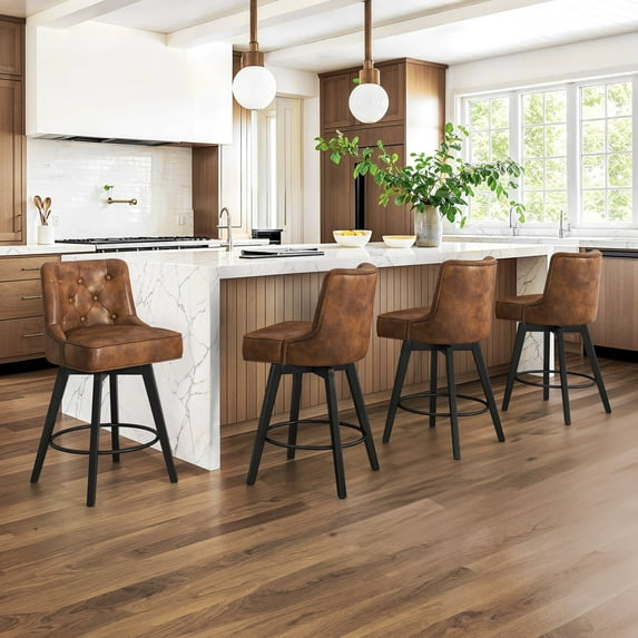 Dycanpo 26" Swivel Bar Stools Set of 4 with Back & Footrest, Counter Stools for Kitchen ,Brown-Faux Leather